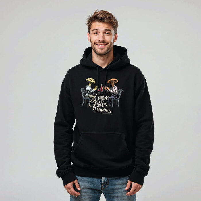 Juodas džemperis su gobtuvu "Grybas grybo nesupras" - Image 4